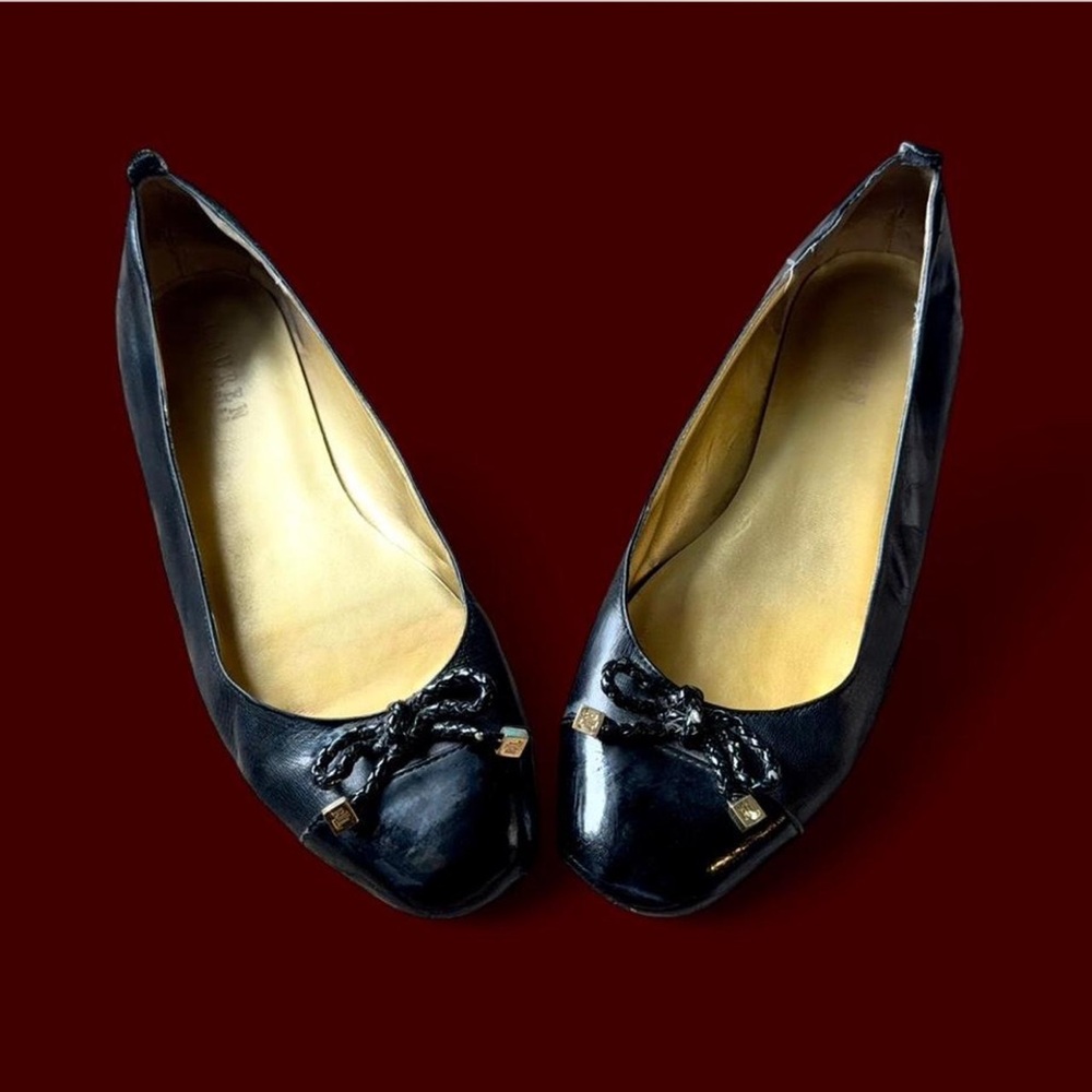 Ralph Lauren Black Leather Ballet Flats Bow Gold Logo Round Toe 10